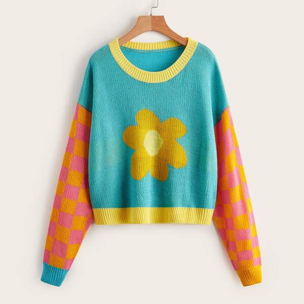 

Floral & Checker Pattern Drop Shoulder Colorblock Sweater, Multicolor