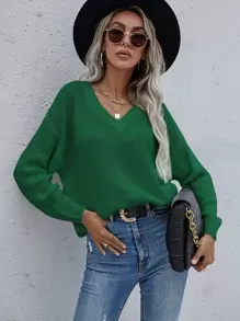 SHEIN LUNE Jersey unicolor de hombros caídos escote V - Verde - Ver 1