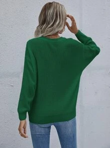 SHEIN LUNE Jersey unicolor de hombros caídos escote V - Verde - Ver 2