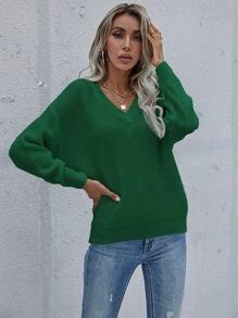 SHEIN LUNE Jersey unicolor de hombros caídos escote V - Verde - Ver 3