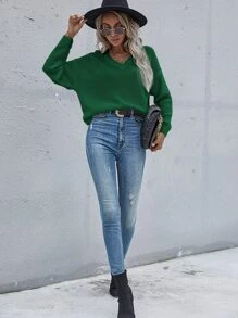 SHEIN LUNE Jersey unicolor de hombros caídos escote V - Verde - Ver 4