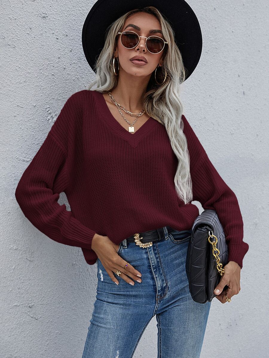 EMERY ROSE 纯色落肩V领毛衣，长袖针织套头衫，秋冬款 - 紫紅色 - 查看 1
