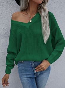 SHEIN LUNE Jersey unicolor de hombros caídos escote V - Verde - Ver 5