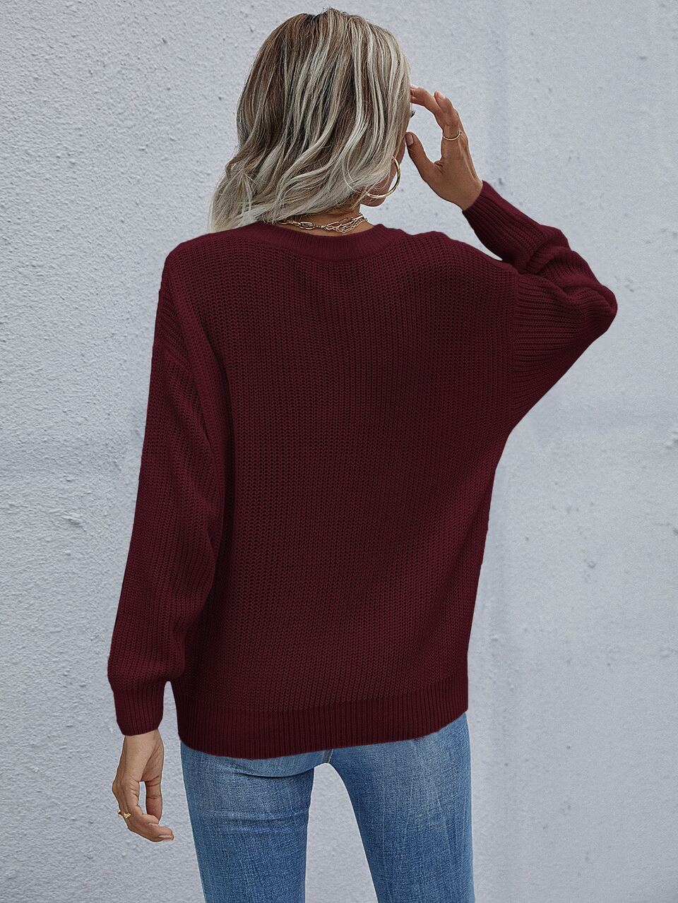 Solid Drop Shoulder V-Neck Sweater,Long Sleeve Tops Knit Pullover Fall Winter