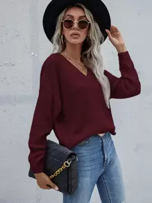 EMERY ROSE 纯色落肩V领毛衣，长袖针织套头衫，秋冬款 - 紫紅色 - 查看 3