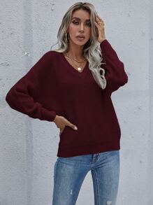 EMERY ROSE 纯色落肩V领毛衣，长袖针织套头衫，秋冬款 - 紫紅色 - 查看 4