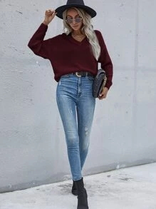 EMERY ROSE 纯色落肩V领毛衣，长袖针织套头衫，秋冬款 - 紫紅色 - 查看 5