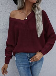 EMERY ROSE 纯色落肩V领毛衣，长袖针织套头衫，秋冬款 - 紫紅色 - 查看 6