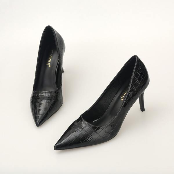 

Textured Point Toe Court Pumps, Black