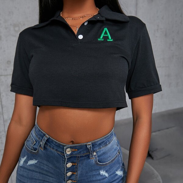 

Letter Embroidery Polo Neck Crop Tee, Black