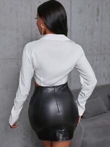 SHEIN SXY Ruched Sleeve Split Cuff Asymmetrical Hem Shirt - White - View 2
