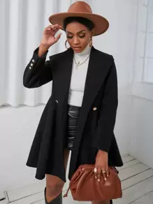 SHEIN LUNE Solid Waterfall Collar Skater Overcoat - Black - View 3