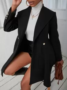 SHEIN LUNE Solid Waterfall Collar Skater Overcoat - Black - View 6