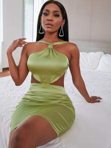 SHEIN SXY Backless Knot Satin Bodycon Dress - Olive Green - View 3