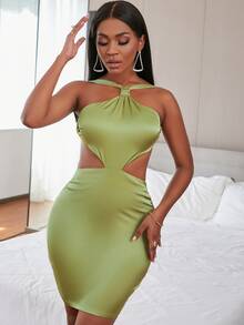 SHEIN SXY Backless Knot Satin Bodycon Dress - Olive Green - View 6