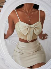 前蝴蝶結亮片裝飾吊帶上衣 - 杏色 - 查看 1