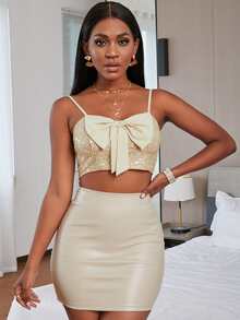 前蝴蝶結亮片裝飾吊帶上衣 - 杏色 - 查看 3