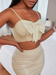 前蝴蝶結亮片裝飾吊帶上衣 - 杏色 - 查看 5