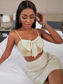 前蝴蝶結亮片裝飾吊帶上衣 - 杏色 - 查看 7