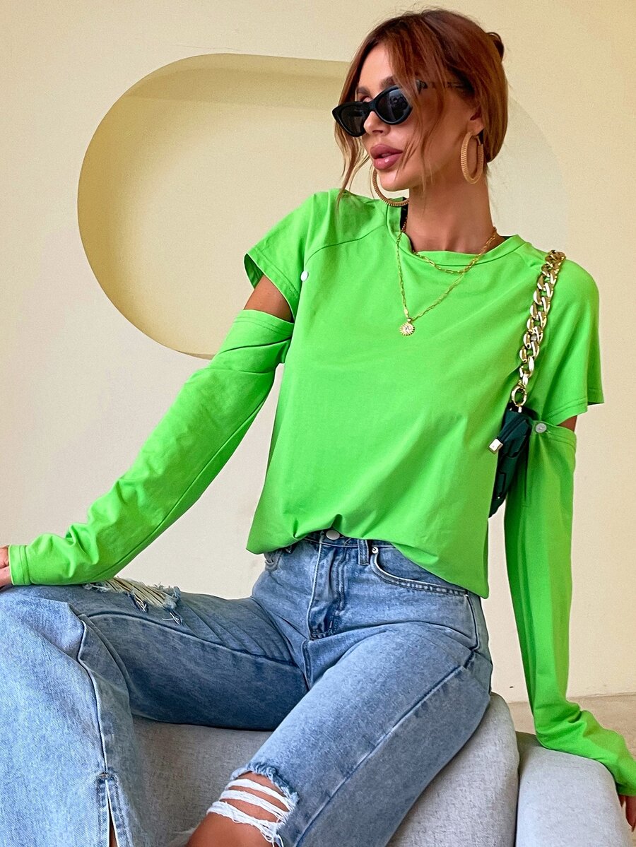 鏤空插肩袖襯衫 - 青檸色 - 查看 1