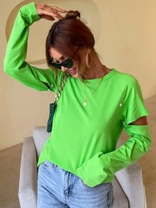 鏤空插肩袖襯衫 - 青檸色 - 查看 3