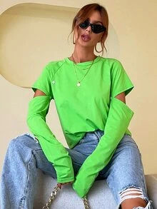 鏤空插肩袖襯衫 - 青檸色 - 查看 5