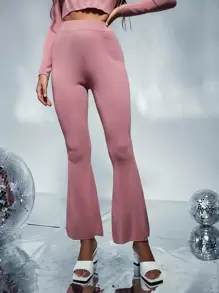 Modelyn Solid High Waist Knit Trousers - Pink - View 1