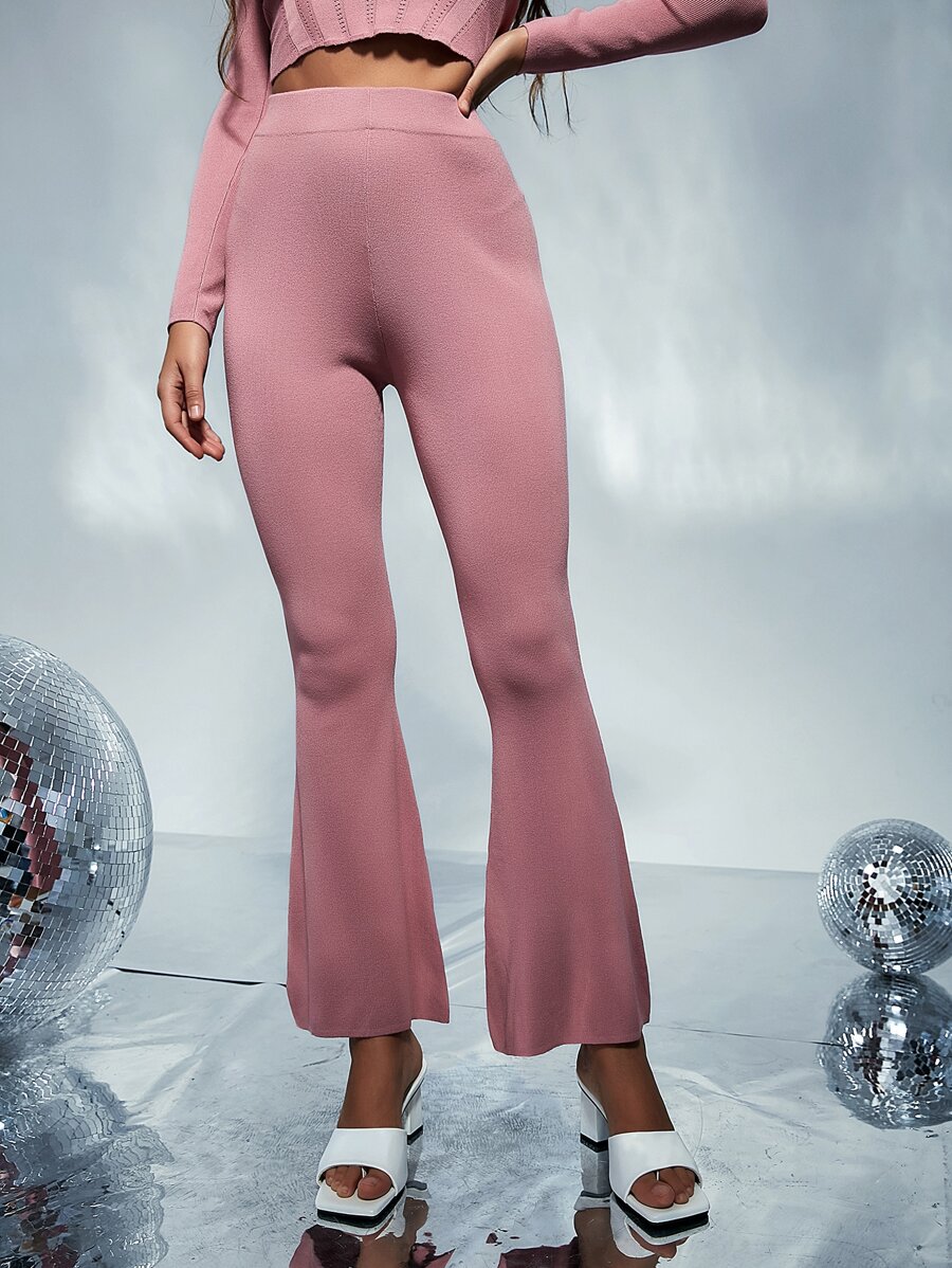 Modelyn Solid High Waist Knit Trousers - Pink - View 1