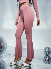 Modelyn Solid High Waist Knit Trousers - Pink - View 3