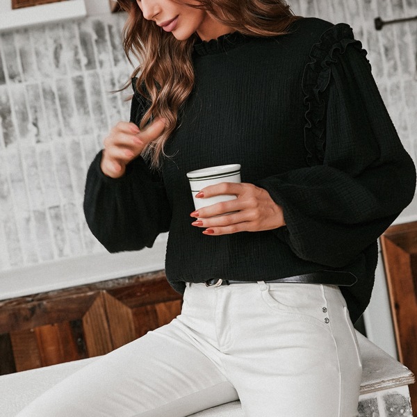 

Frill Trim Lantern Sleeve Blouse, Black