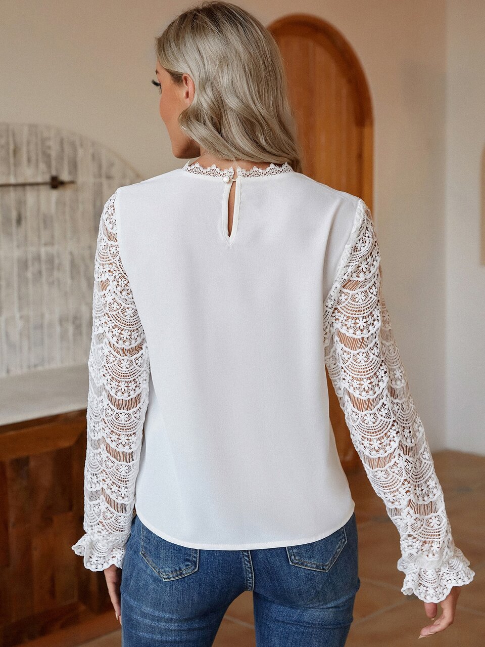 Contrast Lace Flounce Sleeve Keyhole Back Blouse