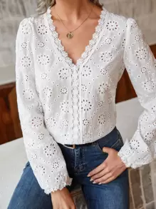 SHEIN Frenchy Eyelet Embroidery Contrast Lace Puff Sleeve Blouse - White - View 1