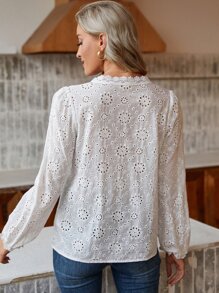 SHEIN Frenchy Eyelet Embroidery Contrast Lace Puff Sleeve Blouse - White - View 2