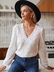 SHEIN Frenchy Eyelet Embroidery Contrast Lace Puff Sleeve Blouse - White - View 3
