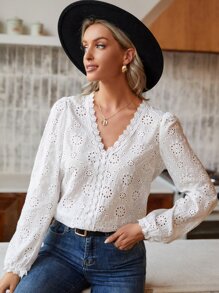 SHEIN Frenchy Eyelet Embroidery Contrast Lace Puff Sleeve Blouse - White - View 5