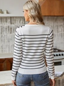 SHEIN Frenchy Striped Button Detail Jumper - Black and White - View 2