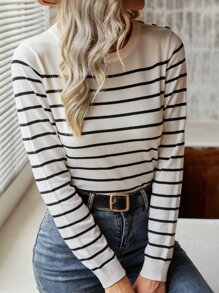 SHEIN Frenchy Striped Button Detail Jumper - Black and White - View 4