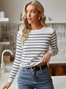 SHEIN Frenchy Striped Button Detail Jumper - Black and White - View 6
