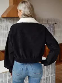 SHEIN Frenchy Borg Collar Drop Shoulder Corduroy Jacket Winter Black - Black - View 2