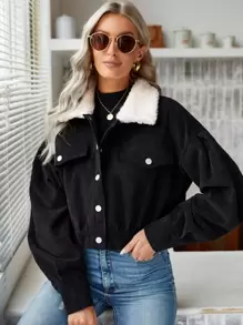 SHEIN Frenchy Borg Collar Drop Shoulder Corduroy Jacket Winter Black - Black - View 4