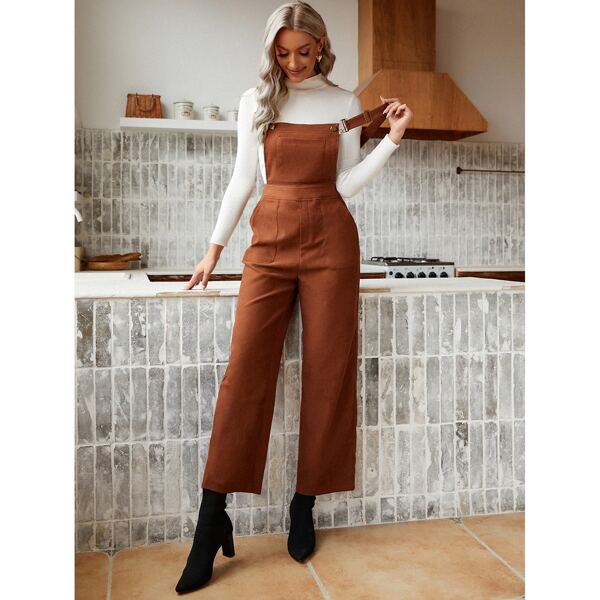 

Solid Backless Suspender Jumpsuit Without Sweater, Rust brown