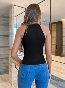 SHEIN Privé Solid Contrast Mesh Halter Top - Black - View 2