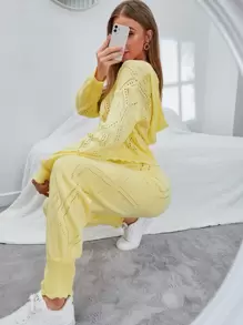 Mulvari Solid Pointelle Knit Hooded Jumper And Knit Trousers - Yellow - View 1