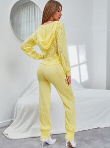 Mulvari Solid Pointelle Knit Hooded Jumper And Knit Trousers - Yellow - View 2