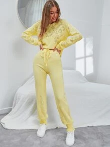 Mulvari Solid Pointelle Knit Hooded Jumper And Knit Trousers - Yellow - View 3