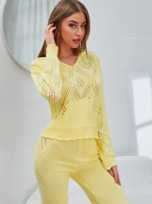 Mulvari Solid Pointelle Knit Hooded Jumper And Knit Trousers - Yellow - View 4