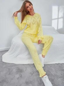 Mulvari Solid Pointelle Knit Hooded Jumper And Knit Trousers - Yellow - View 5