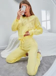 Mulvari Solid Pointelle Knit Hooded Jumper And Knit Trousers - Yellow - View 7