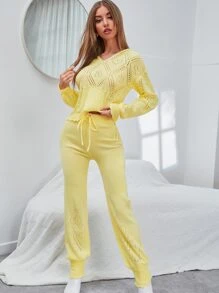 Mulvari Solid Pointelle Knit Hooded Jumper And Knit Trousers - Yellow - View 8