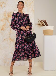 SHEIN 印花繫帶領腰部抽繩燈籠袖荷葉邊連衣裙 - 彩色 - 查看 1